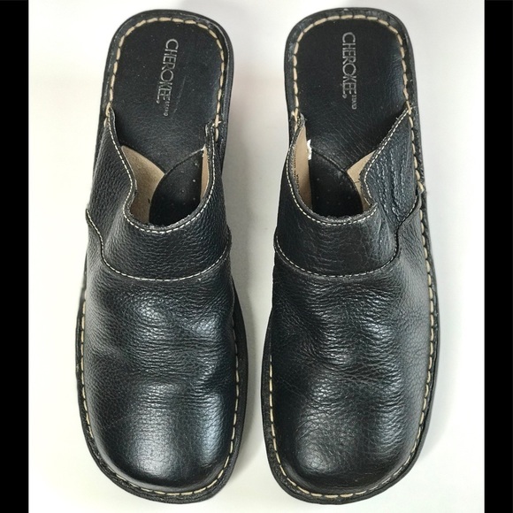 CHEROKEE Genuine Leather Size 9.5 Black Chunky Wedge Block Heel Clog Mules - Picture 10 of 15